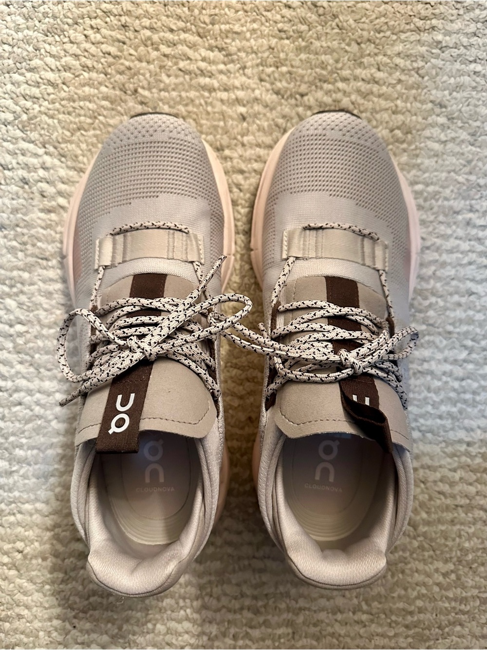 On Women's Cloudnova Knit Sneakers in Light Gray with Brown Accents